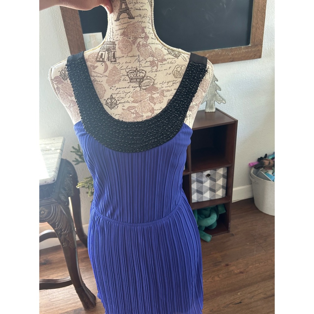 Vintage Y2K Trixxi Blue Pleated Black Beaded Neckline Cocktail/ homecoming dress